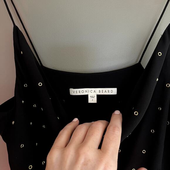 Veronica Beard Charlene Studded Crepe Dress Black Gold Size 2 Drapey Embellished - Picture 12 of 16